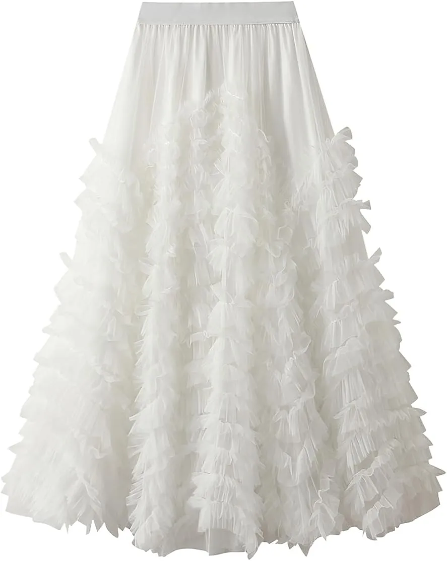 ebossy Women's Tiered Ruffles Tutu Tulle Puffy Skirt Elastic High Waist A-line Flowy Mid Long Skirt