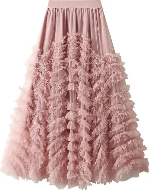 ebossy Women's Tiered Ruffles Tutu Tulle Puffy Skirt Elastic High Waist A-line Flowy Mid Long Skirt