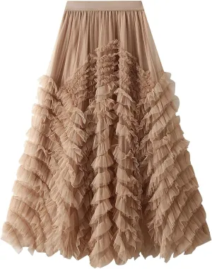 ebossy Women's Tiered Ruffles Tutu Tulle Puffy Skirt Elastic High Waist A-line Flowy Mid Long Skirt