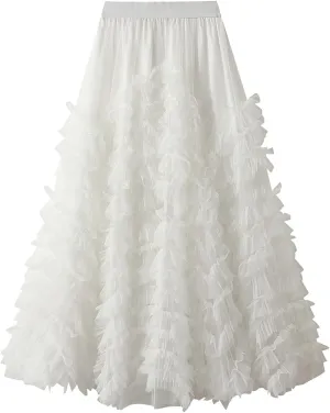 ebossy Women's Tiered Ruffles Tutu Tulle Puffy Skirt Elastic High Waist A-line Flowy Mid Long Skirt