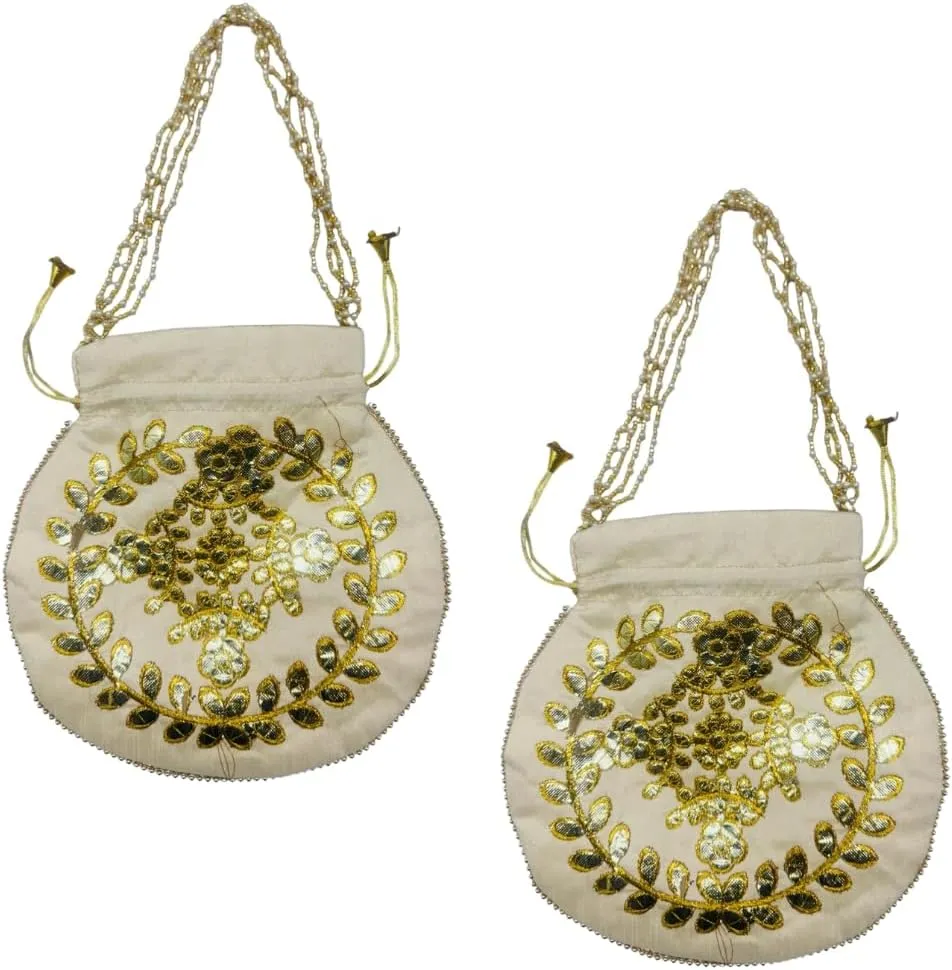 Elegant Embroidered Potli Bag - Traditional Handmade Silk Purse with Golden Beads & Drawstring