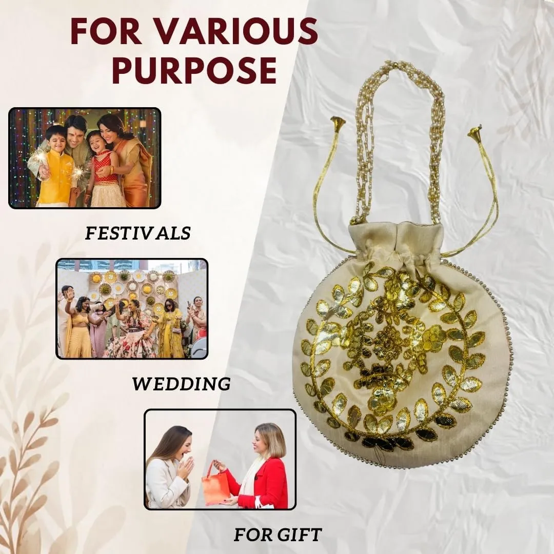 Elegant Embroidered Potli Bag - Traditional Handmade Silk Purse with Golden Beads & Drawstring