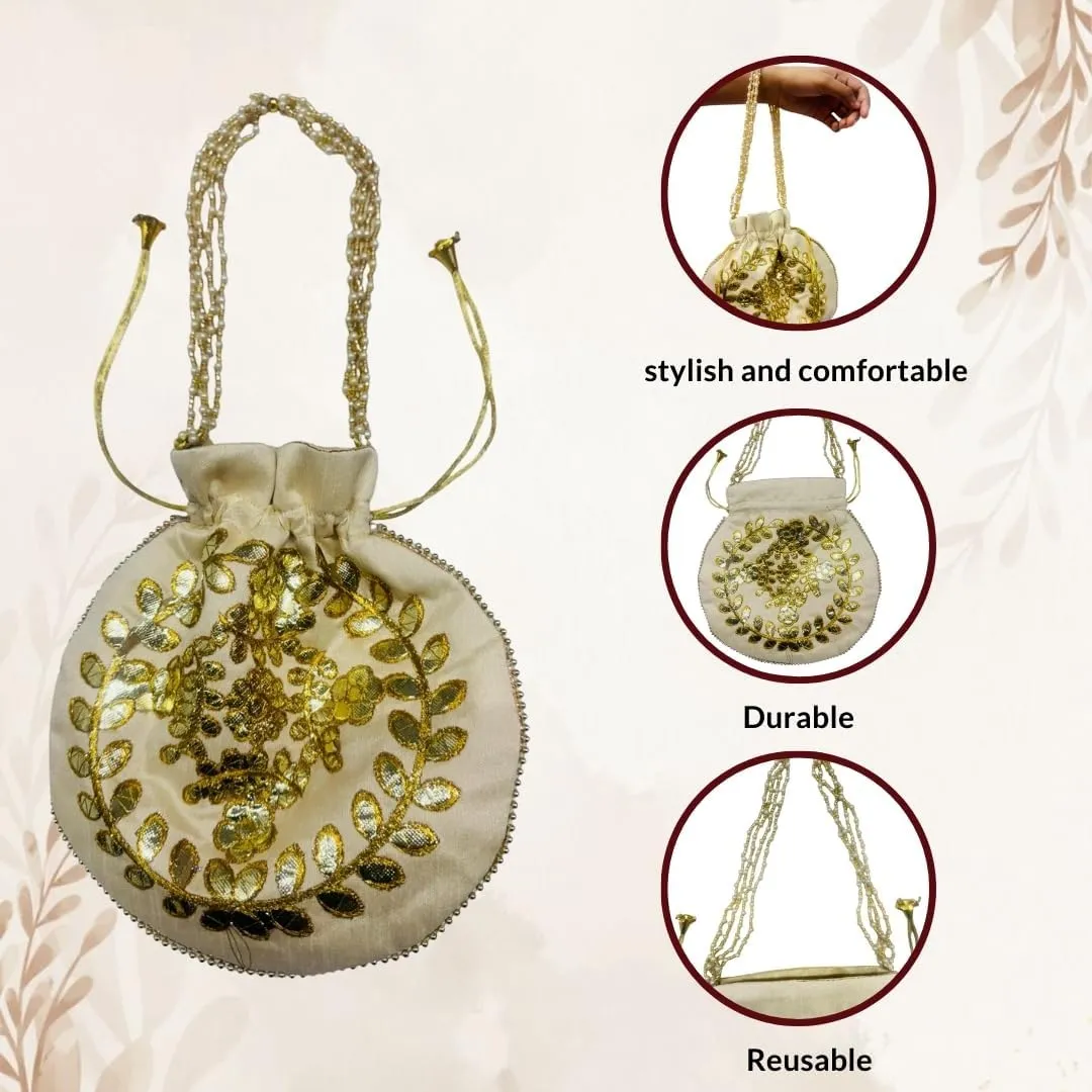Elegant Embroidered Potli Bag - Traditional Handmade Silk Purse with Golden Beads & Drawstring