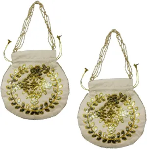 Elegant Embroidered Potli Bag - Traditional Handmade Silk Purse with Golden Beads & Drawstring