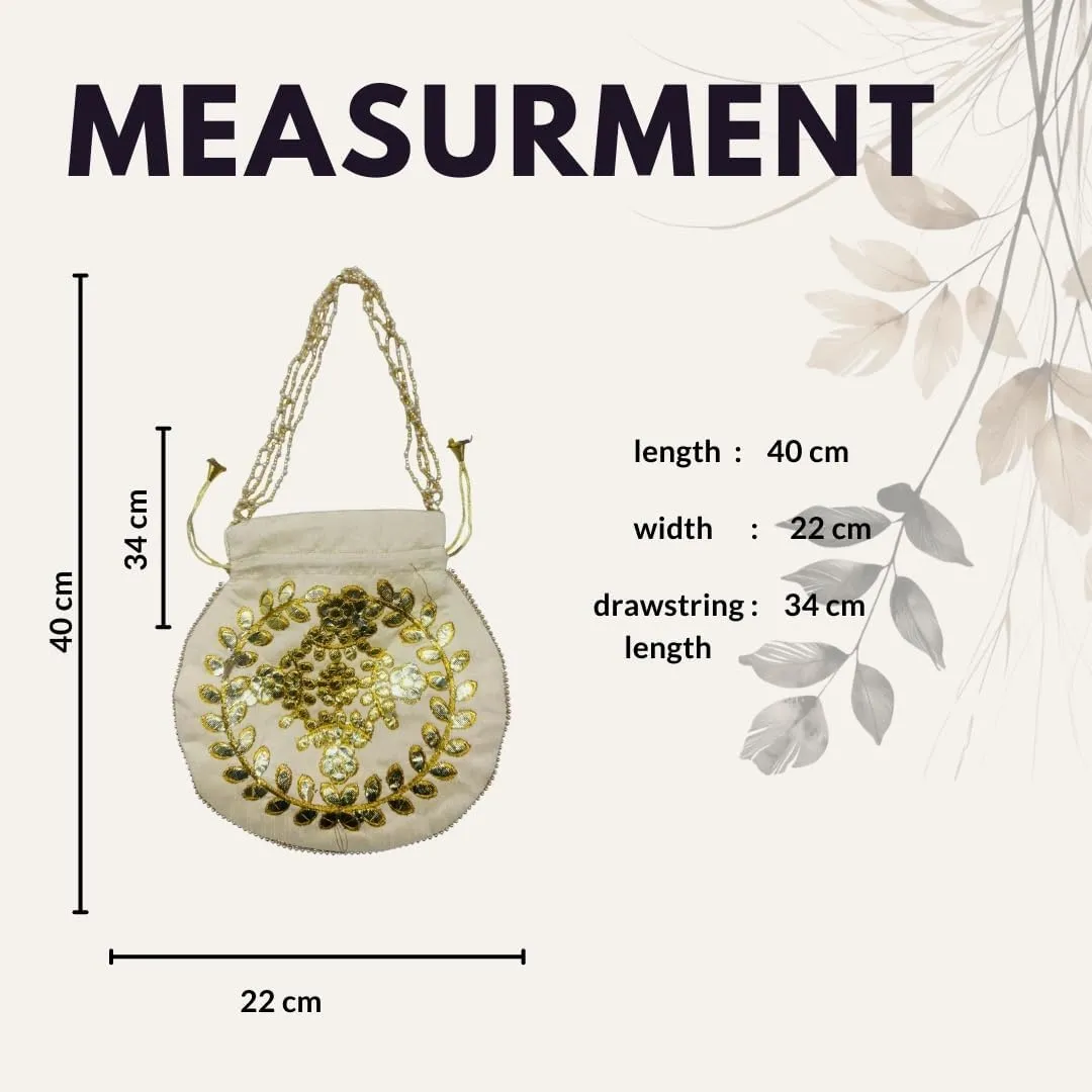 Elegant Embroidered Potli Bag - Traditional Handmade Silk Purse with Golden Beads & Drawstring