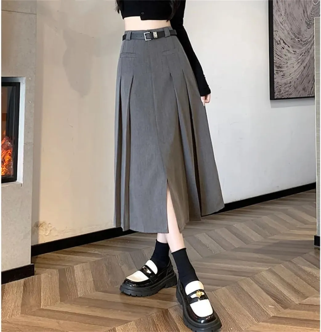 Elegant Pleated Women's Autumn High Waist A-Line Midi Skirt