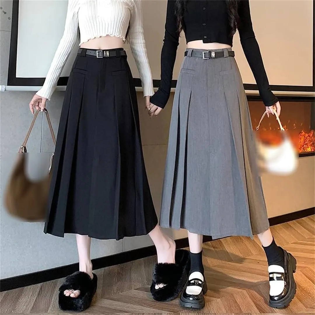 Elegant Pleated Women's Autumn High Waist A-Line Midi Skirt