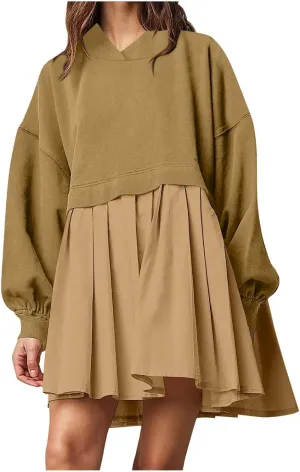 Elegant Women's Long Sleeve Pleated Skirt Dress Versatile A Line Midi Dress for Elegant Events and Casual Wear