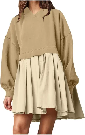 Elegant Women's Long Sleeve Pleated Skirt Dress Versatile A Line Midi Dress for Elegant Events and Casual Wear