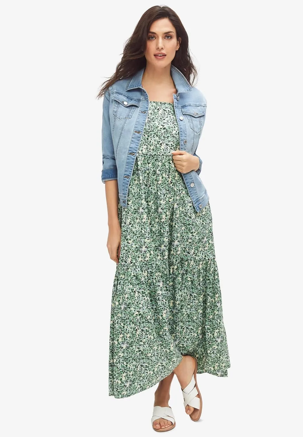 ellos Women's Plus Size Tiered Cotton Maxi Dress