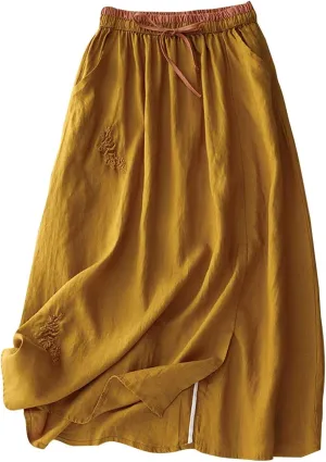 Embroidery Cotton Linen Skirts for Women with Pockets Midi Length Long Skirt Casual Beach Party Holiday Boho Skirt