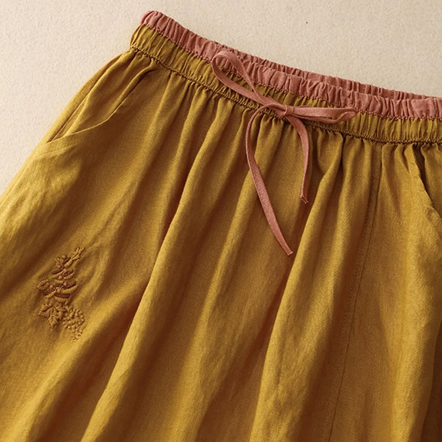 Embroidery Cotton Linen Skirts for Women with Pockets Midi Length Long Skirt Casual Beach Party Holiday Boho Skirt