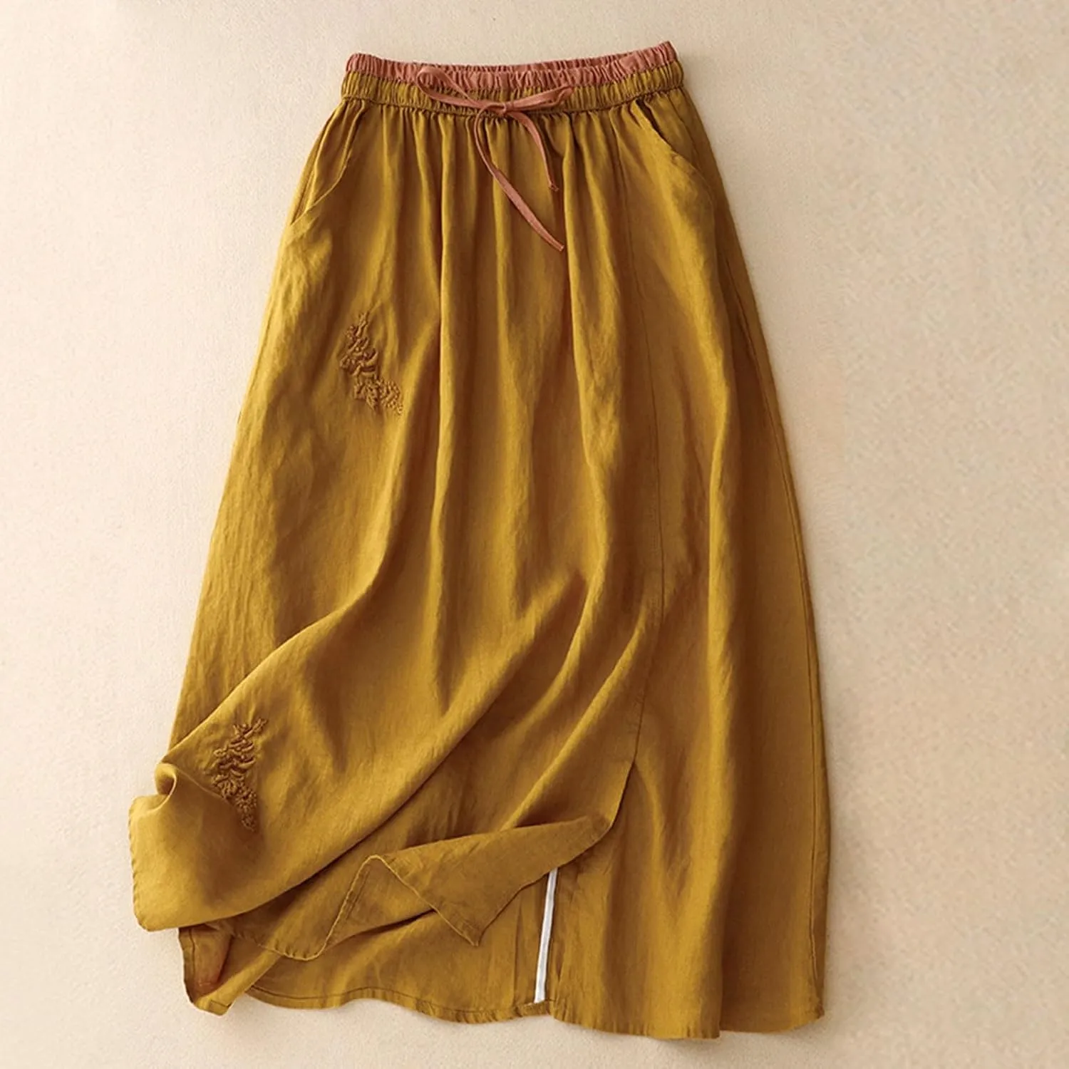 Embroidery Cotton Linen Skirts for Women with Pockets Midi Length Long Skirt Casual Beach Party Holiday Boho Skirt