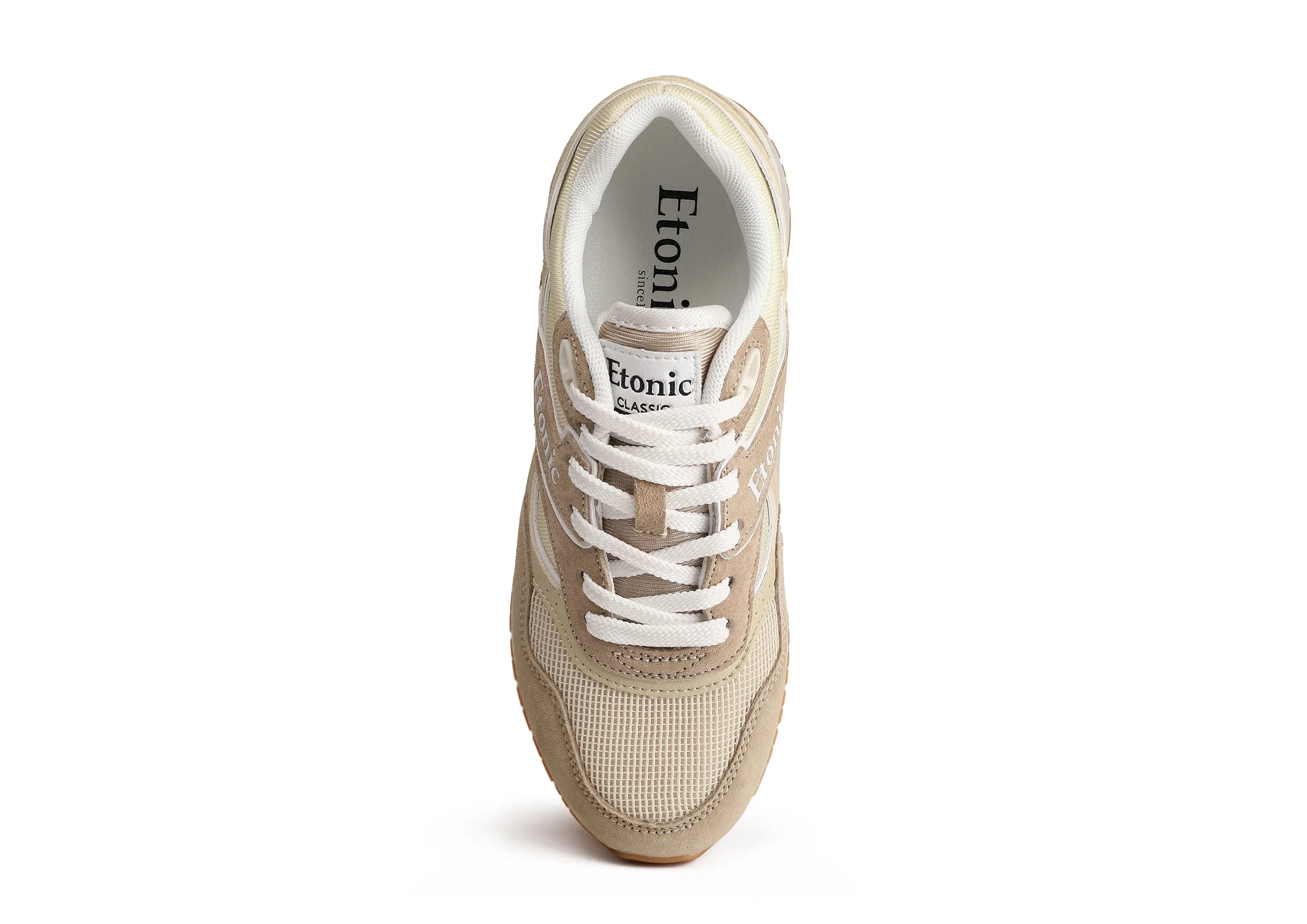 Etonic Stable Base sneakers in light beige mesh fabric, beige suede with multi-layer beige leather inserts, off white midsole and light honey bottom outsole.