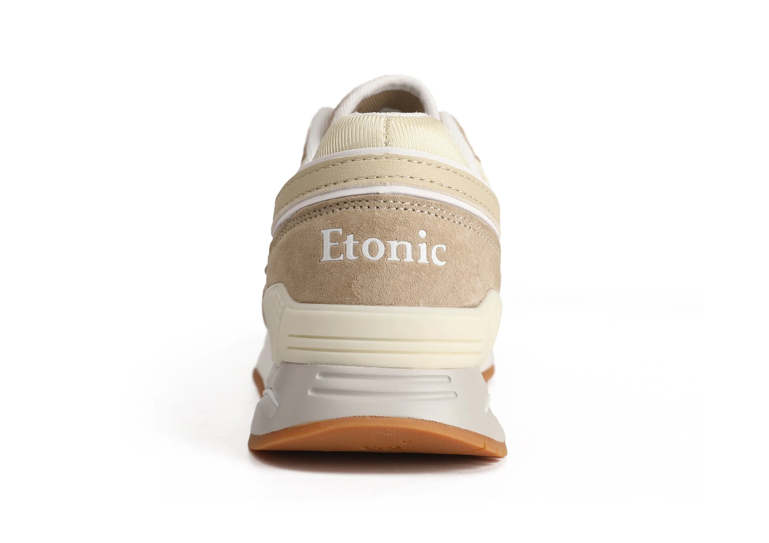 Etonic Stable Base sneakers in light beige mesh fabric, beige suede with multi-layer beige leather inserts, off white midsole and light honey bottom outsole.