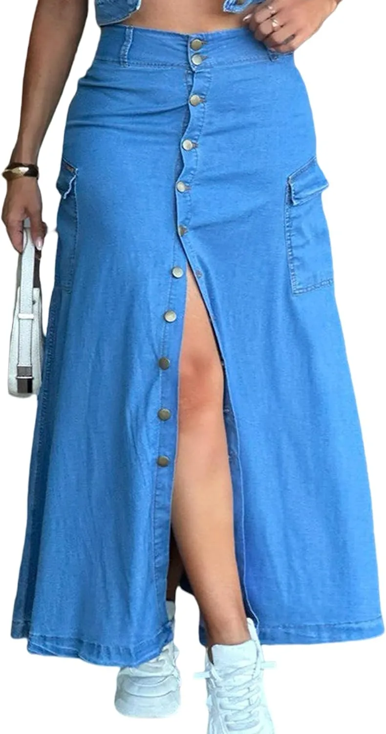 Famnbro Women's Casual High Waisted Long Denim Skirts Button Front Maxi Jean Skirt with Pockets