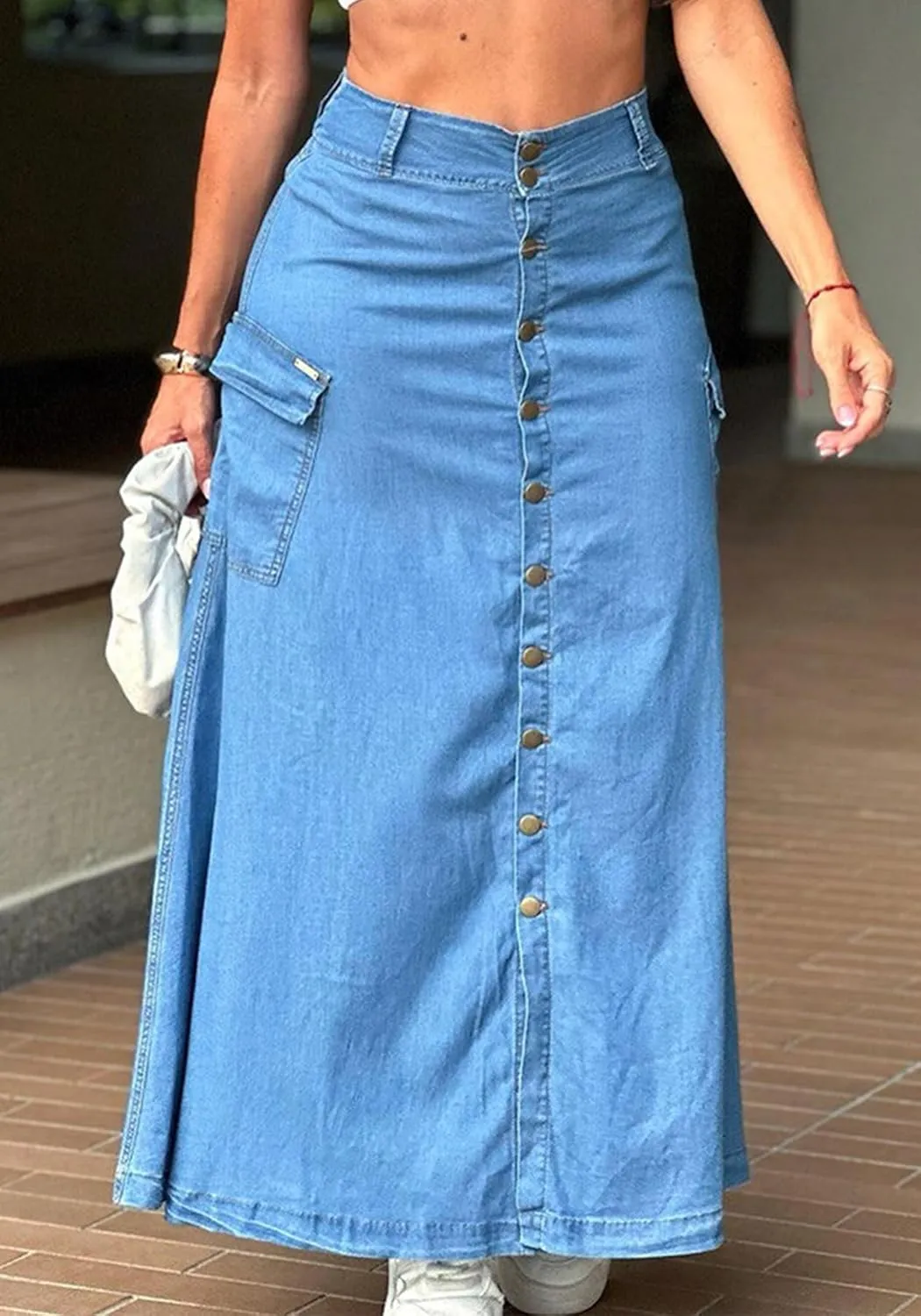 Famnbro Women's Casual High Waisted Long Denim Skirts Button Front Maxi Jean Skirt with Pockets