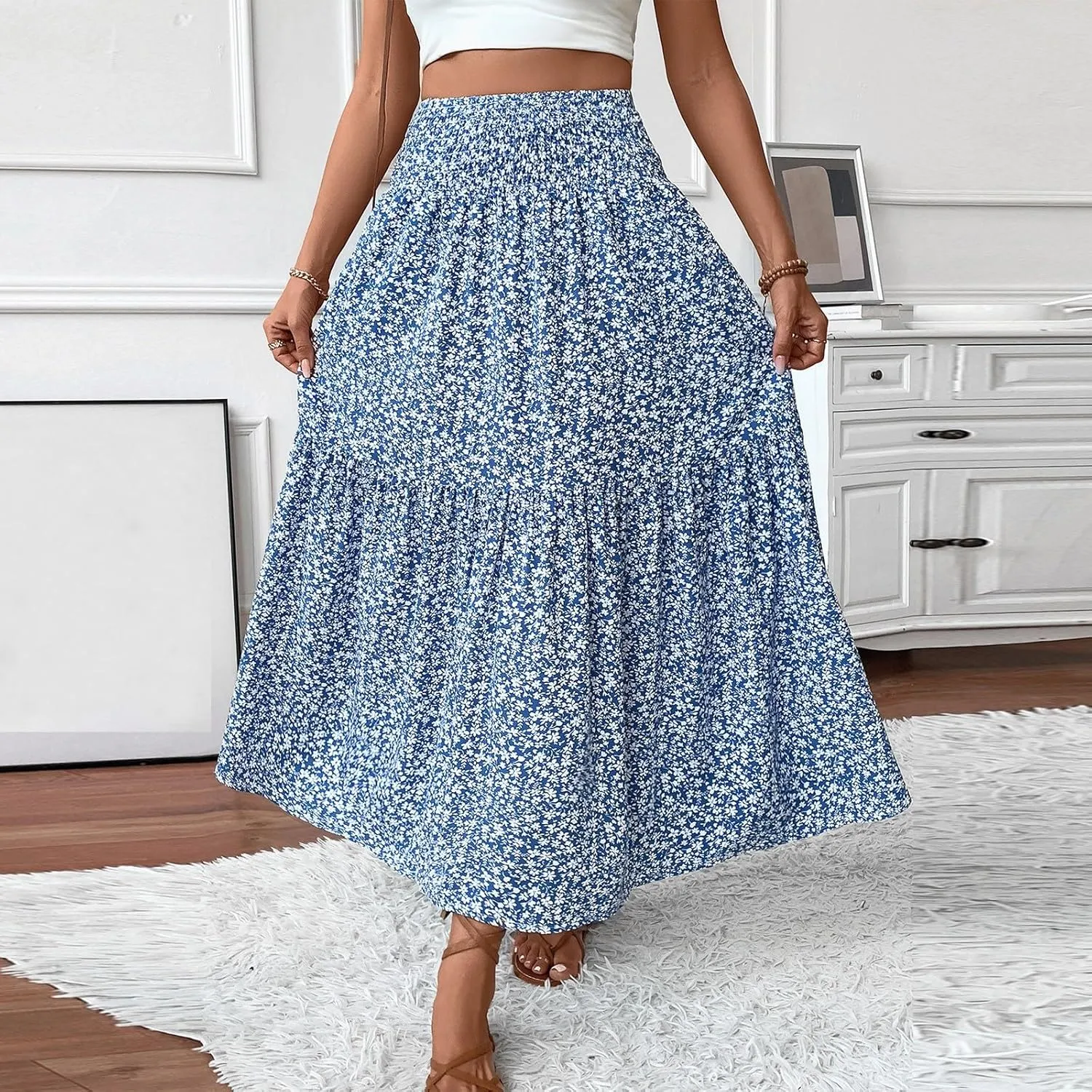 fanmpghleoo Long Skirts for Women Boho Beach Vacation Tiered Maxi Skirt Summer Bohemian High Waisted Skirts A Line Midi Skirt