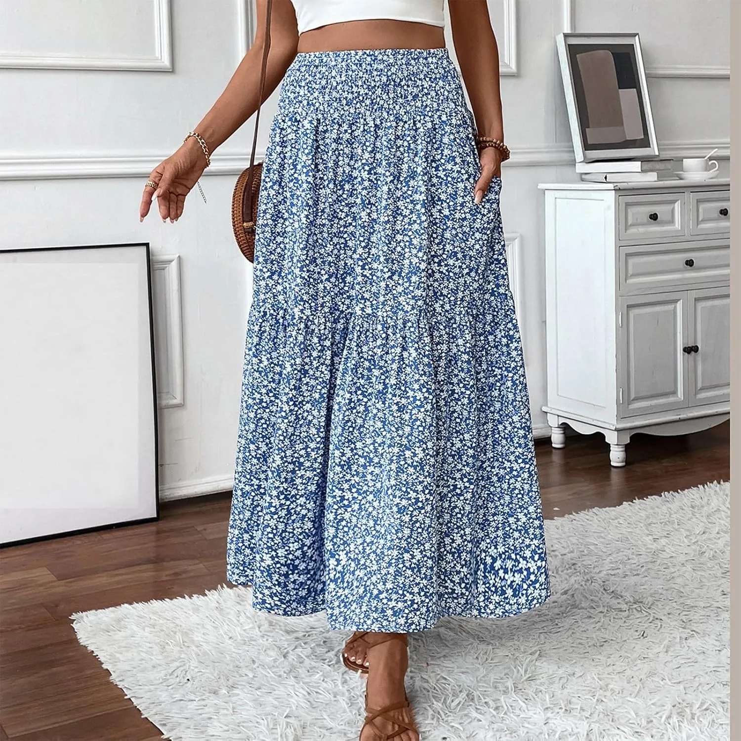 fanmpghleoo Long Skirts for Women Boho Beach Vacation Tiered Maxi Skirt Summer Bohemian High Waisted Skirts A Line Midi Skirt