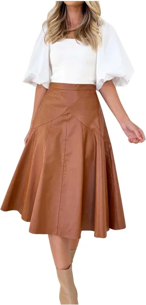 Faux Leather for Women High Elastic Waist Pleated Flared Midi Long Skirt Fall Winter Casual Trendy A-Line Flowy Skirts