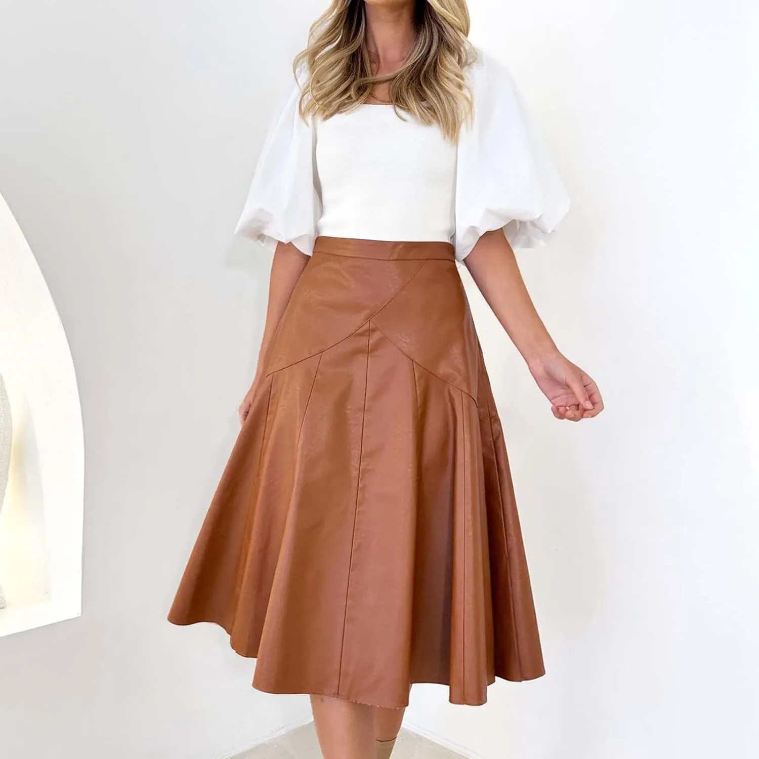 Faux Leather for Women High Elastic Waist Pleated Flared Midi Long Skirt Fall Winter Casual Trendy A-Line Flowy Skirts