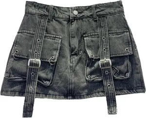 Female Cowboy Mini Denim Skirts Women High Waisted Button A-Line Skirt