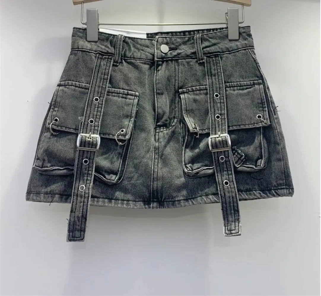 Female Cowboy Mini Denim Skirts Women High Waisted Button A-Line Skirt