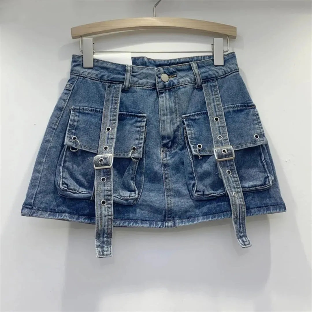 Female Cowboy Mini Denim Skirts Women High Waisted Button A-Line Skirt