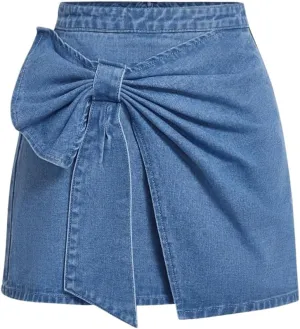 Floerns Women's High Waisted Big Bow Wrap Front Mini Bodycon Denim Skirts