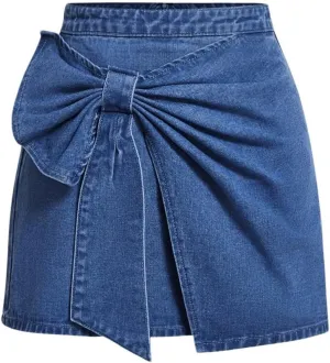 Floerns Women's High Waisted Big Bow Wrap Front Mini Bodycon Denim Skirts