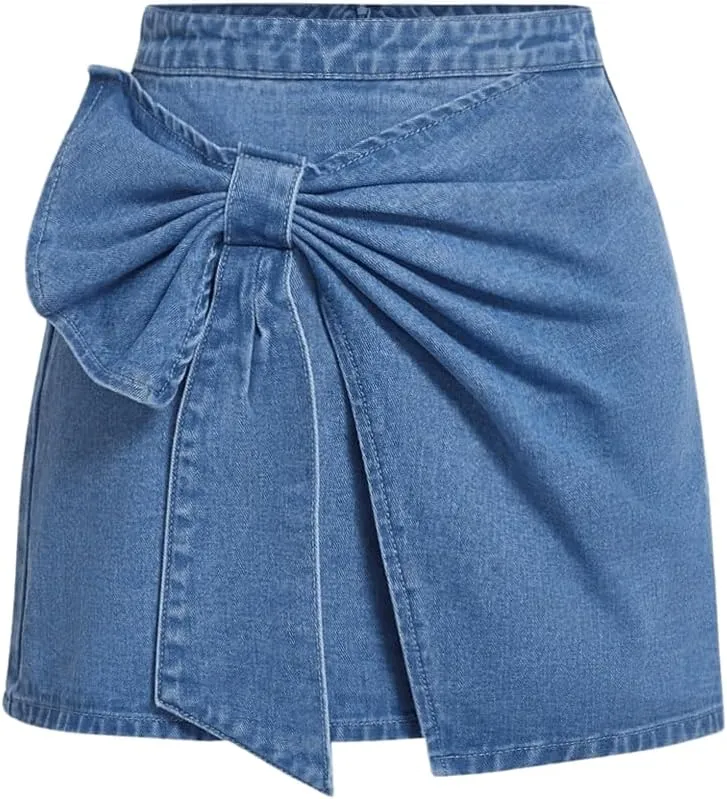 Floerns Women's High Waisted Big Bow Wrap Front Mini Bodycon Denim Skirts