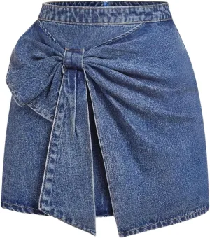 Floerns Women's High Waisted Big Bow Wrap Front Mini Bodycon Denim Skirts