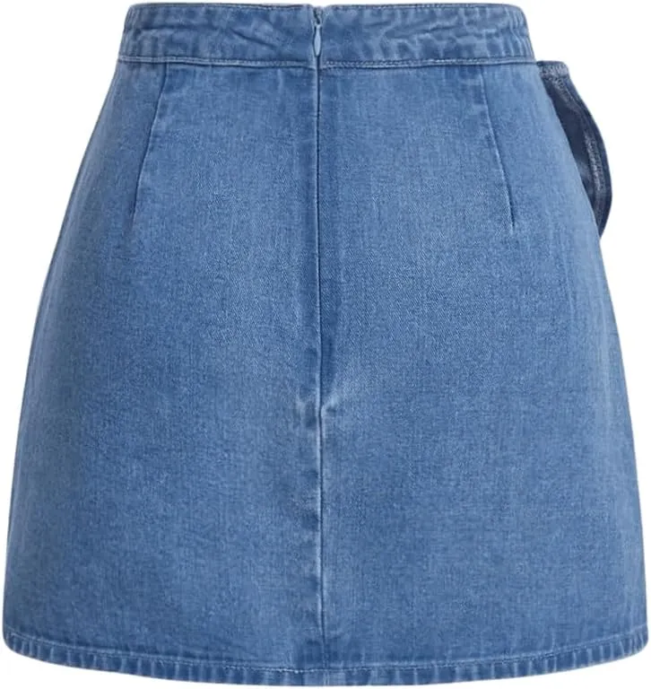 Floerns Women's High Waisted Big Bow Wrap Front Mini Bodycon Denim Skirts