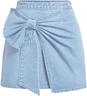 Floerns Women's High Waisted Big Bow Wrap Front Mini Bodycon Denim Skirts