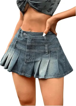 Floerns Women's Pleated Hem Denim Skirts High Waisted Y2k Jean Skater Skirts
