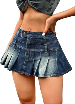 Floerns Women's Pleated Hem Denim Skirts High Waisted Y2k Jean Skater Skirts