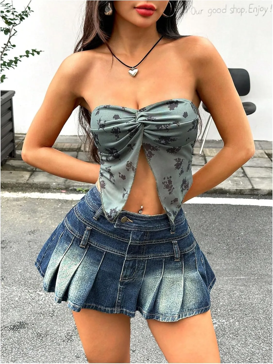 Floerns Women's Pleated Hem Denim Skirts High Waisted Y2k Jean Skater Skirts