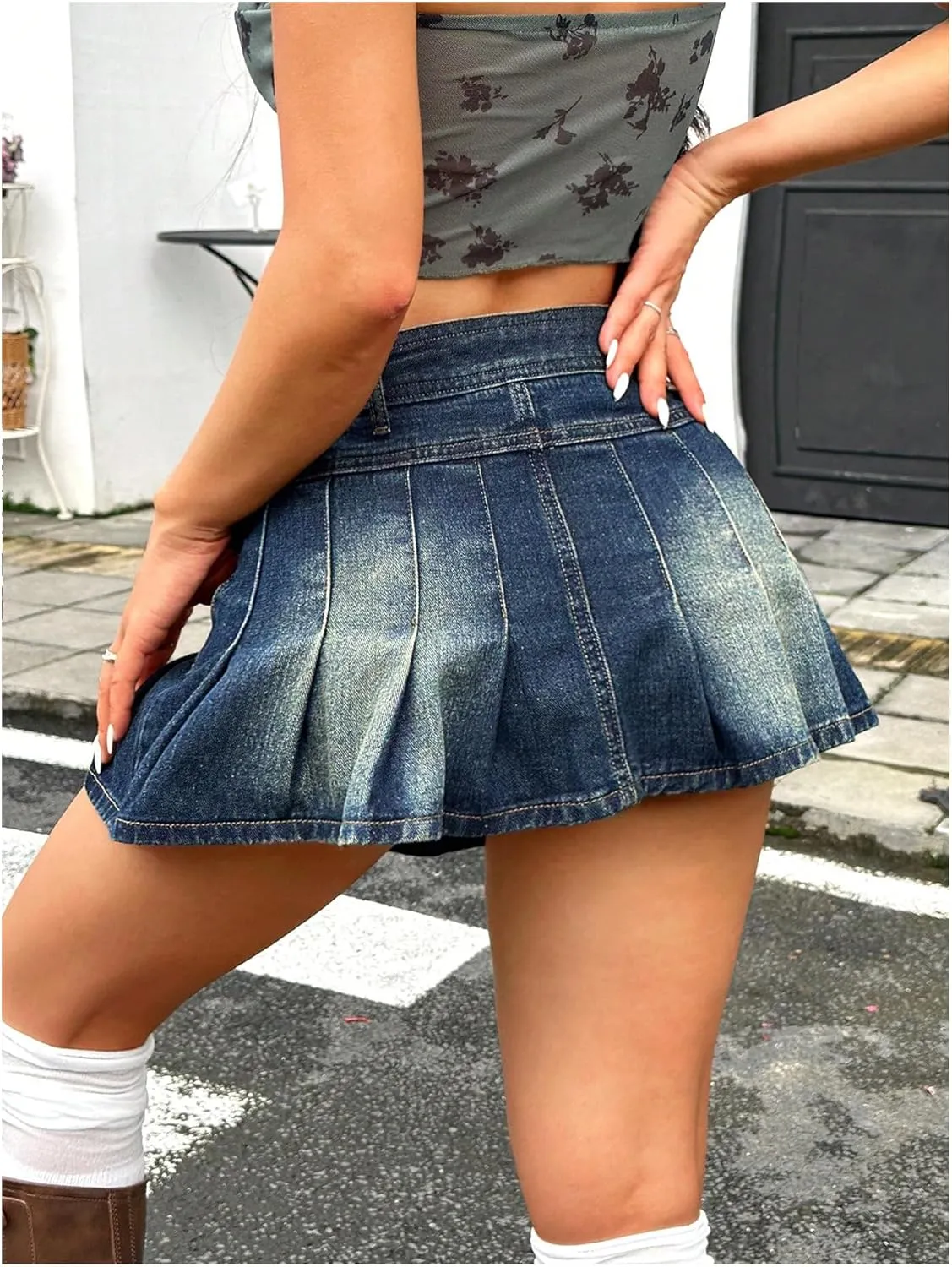 Floerns Women's Pleated Hem Denim Skirts High Waisted Y2k Jean Skater Skirts