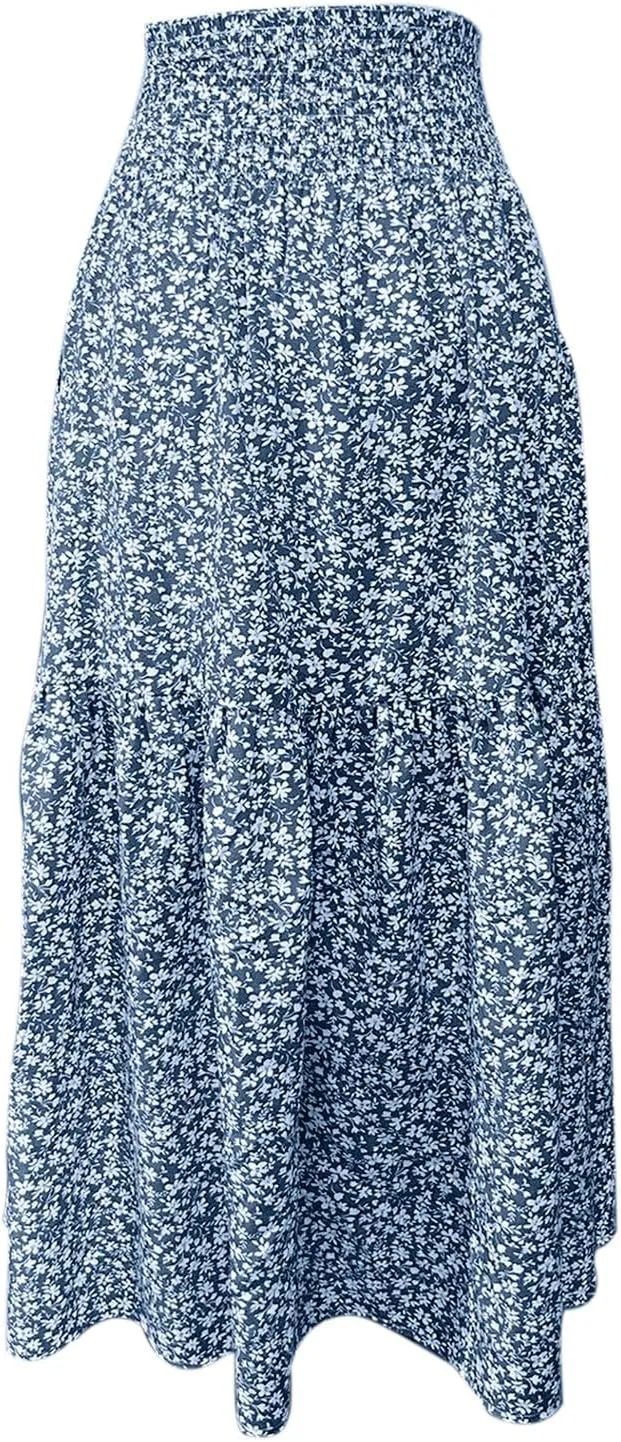Floral Maxi Skirt for Women Boho A-Line Flowy Swing Long Skirts Elastic High Waisted Comfy Summer Vacation Skirts