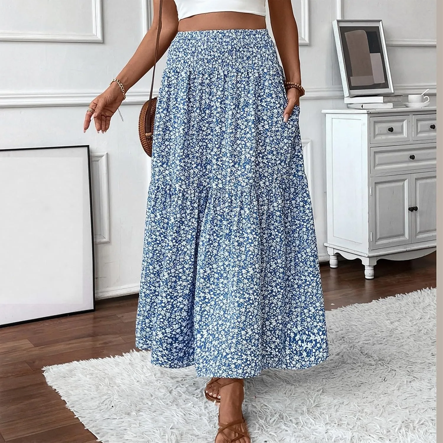 Floral Maxi Skirt for Women Boho A-Line Flowy Swing Long Skirts Elastic High Waisted Comfy Summer Vacation Skirts