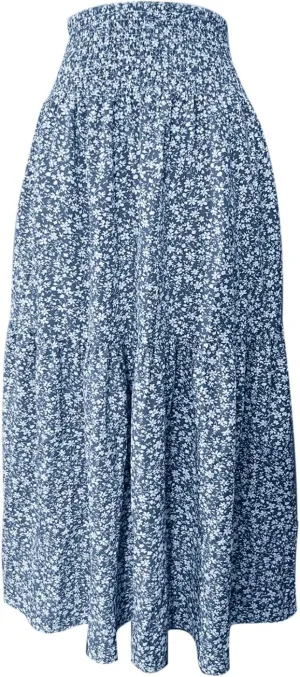 Floral Maxi Skirt for Women Boho A-Line Flowy Swing Long Skirts Elastic High Waisted Comfy Summer Vacation Skirts