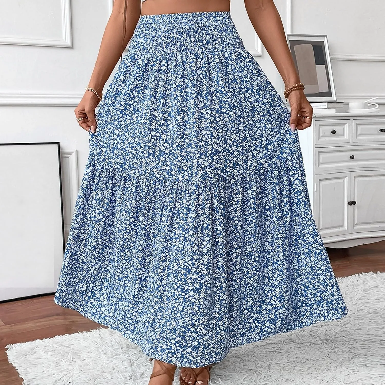 Floral Maxi Skirt for Women Boho A-Line Flowy Swing Long Skirts Elastic High Waisted Comfy Summer Vacation Skirts
