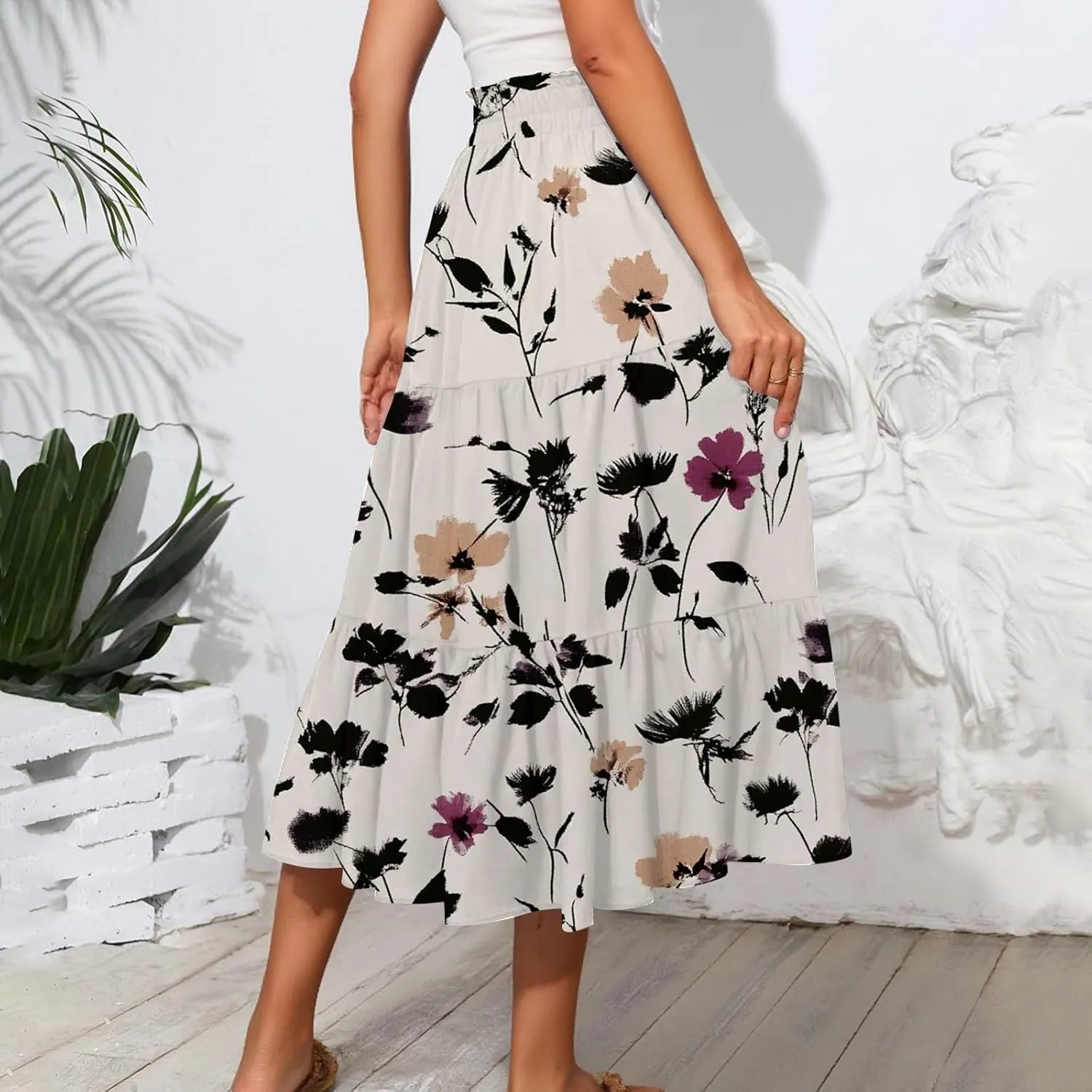 Floral Maxi Skirt for Women Summer Comfy Tiered Elastic High Waisted Skirts Vacation A-Line Flowy Swing Long Skirts