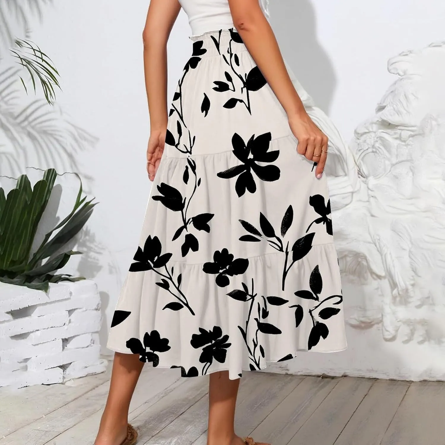 Floral Maxi Skirt for Women Summer Comfy Tiered Elastic High Waisted Skirts Vacation A-Line Flowy Swing Long Skirts