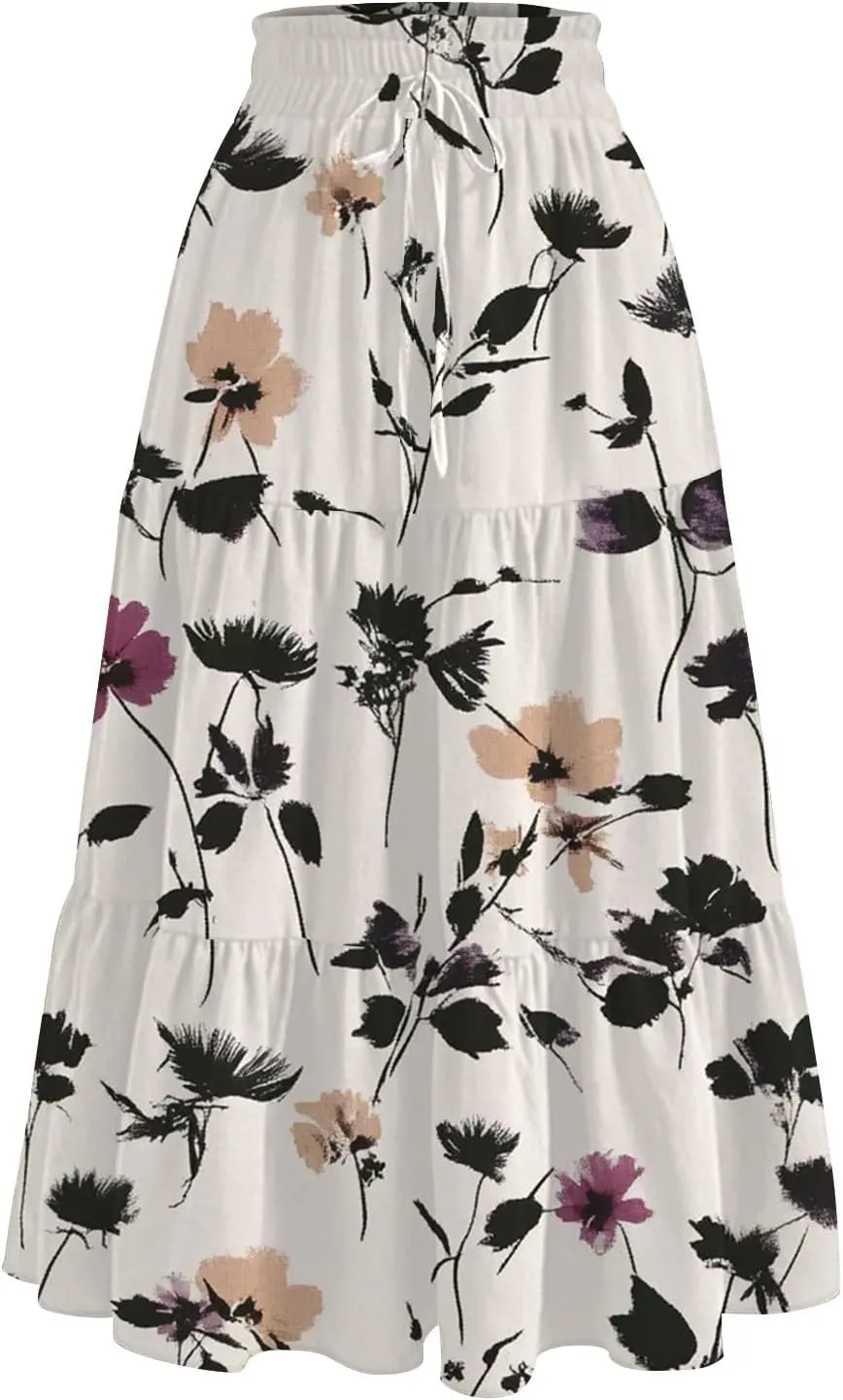 Floral Maxi Skirt for Women Summer Comfy Tiered Elastic High Waisted Skirts Vacation A-Line Flowy Swing Long Skirts