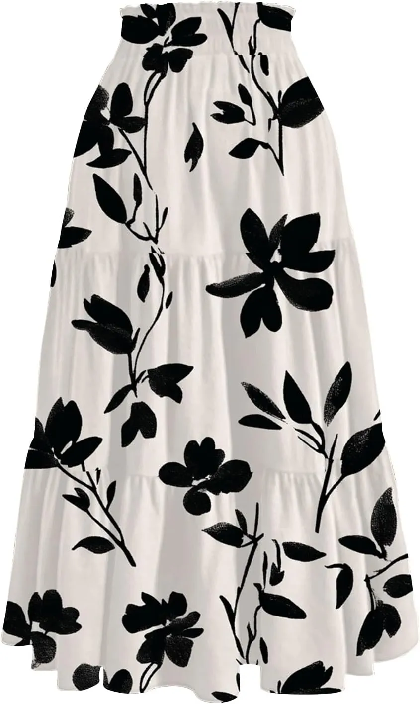 Floral Maxi Skirt for Women Summer Comfy Tiered Elastic High Waisted Skirts Vacation A-Line Flowy Swing Long Skirts