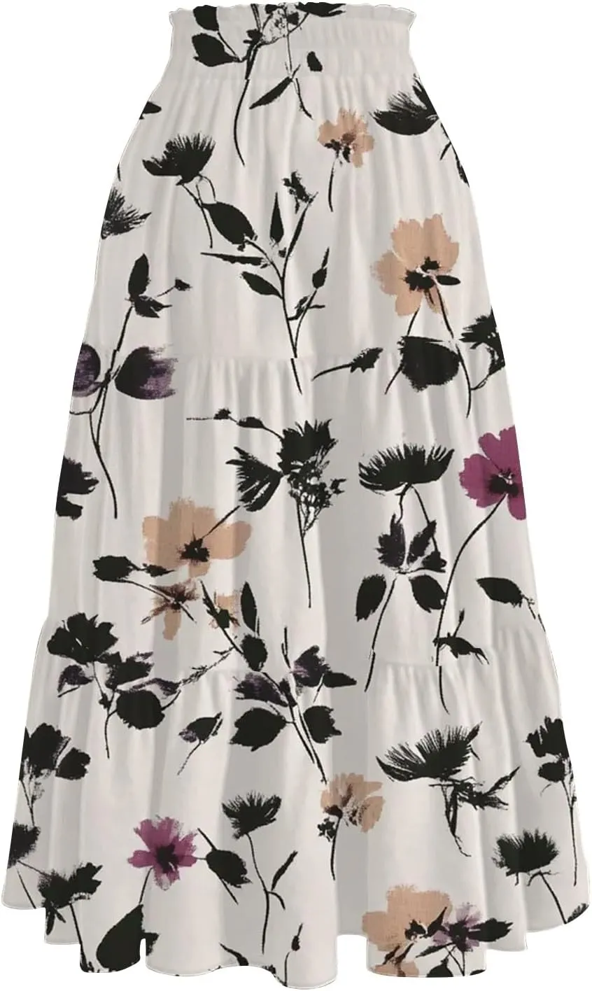Floral Maxi Skirt for Women Summer Comfy Tiered Elastic High Waisted Skirts Vacation A-Line Flowy Swing Long Skirts