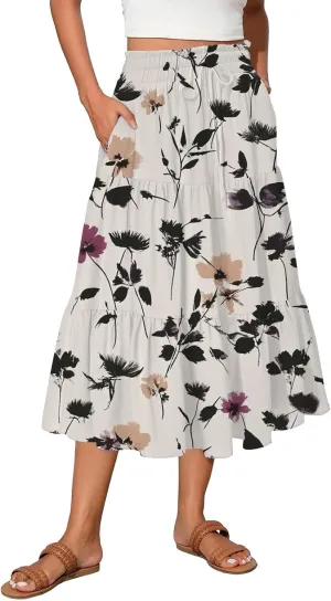 Floral Maxi Skirt for Women Summer Comfy Tiered Elastic High Waisted Skirts Vacation A-Line Flowy Swing Long Skirts