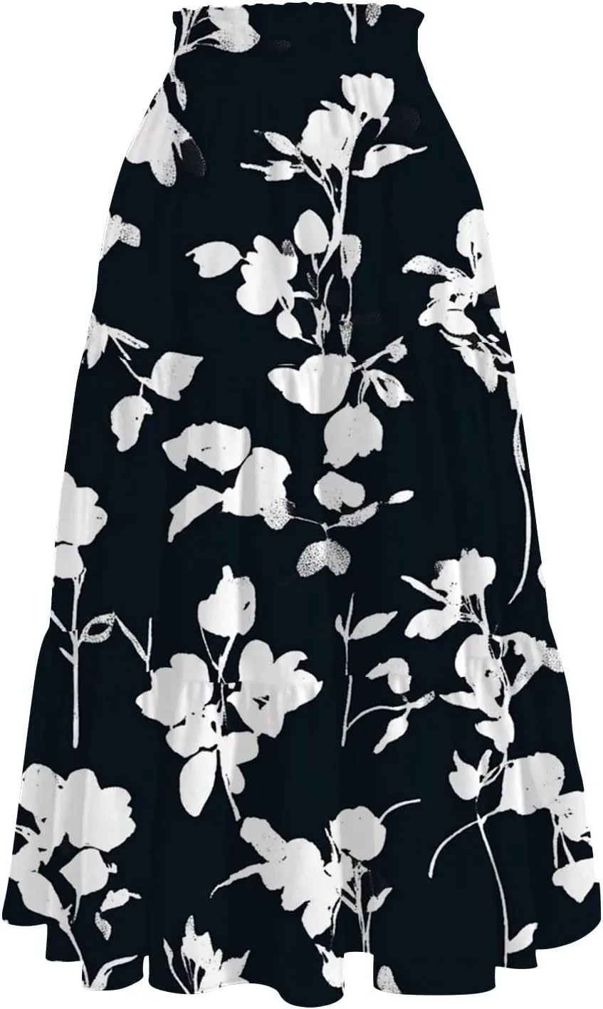 Floral Maxi Skirt for Women Summer Comfy Tiered Elastic High Waisted Skirts Vacation A-Line Flowy Swing Long Skirts