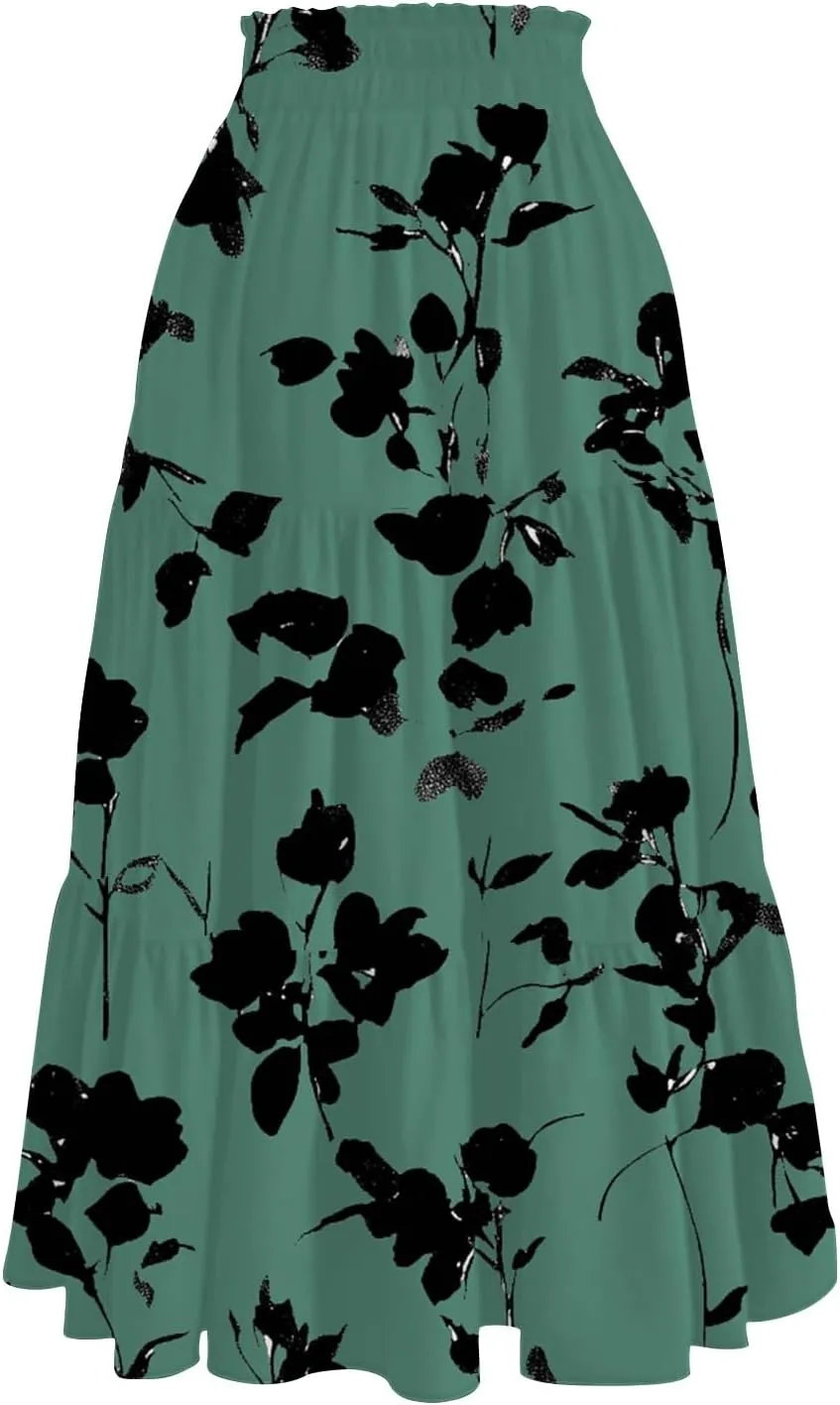 Floral Maxi Skirt for Women Summer Comfy Tiered Elastic High Waisted Skirts Vacation A-Line Flowy Swing Long Skirts